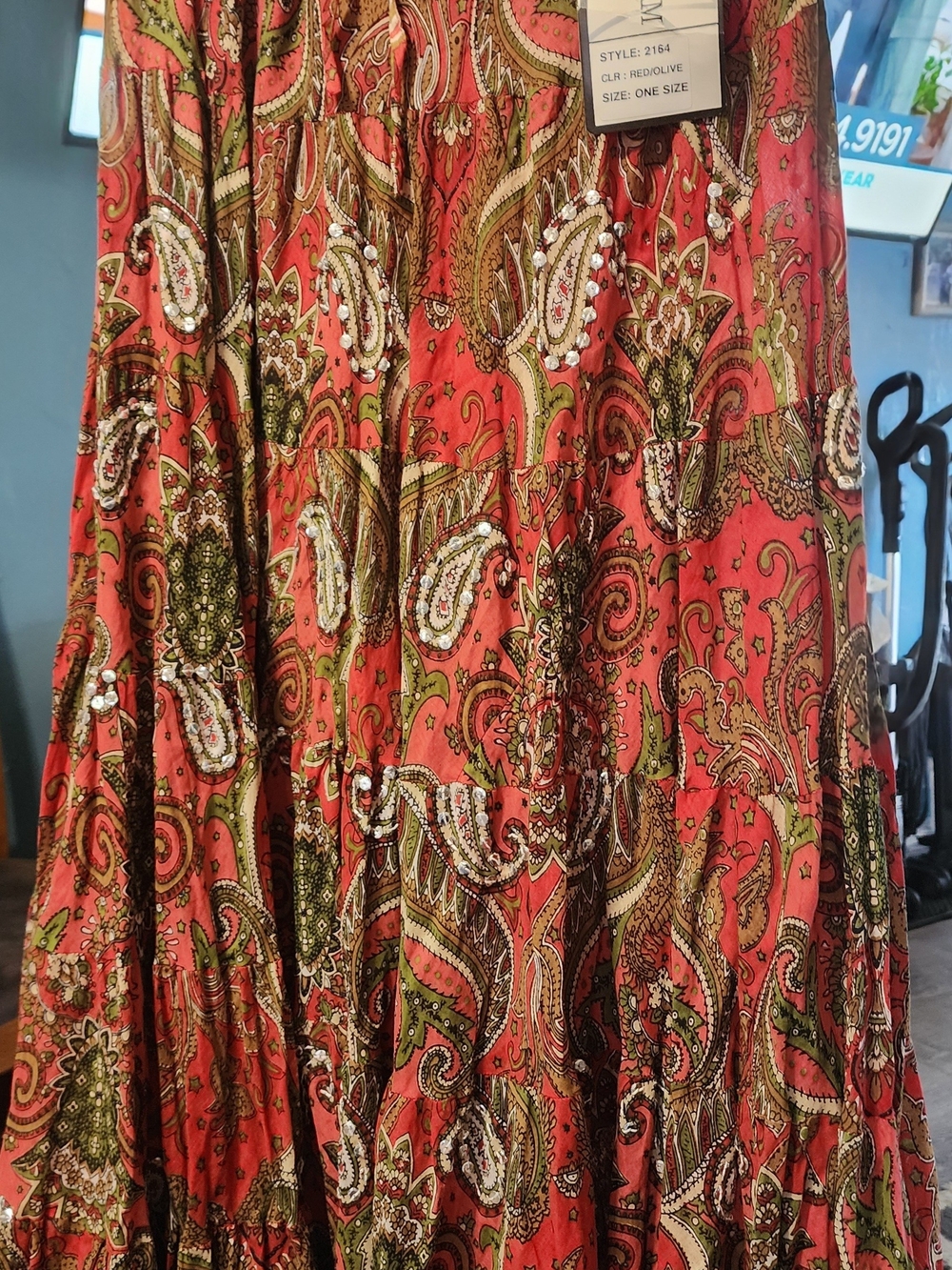 Silver Stream One-Size Coral Green Paisley Tiered Maxi Skirt NWT